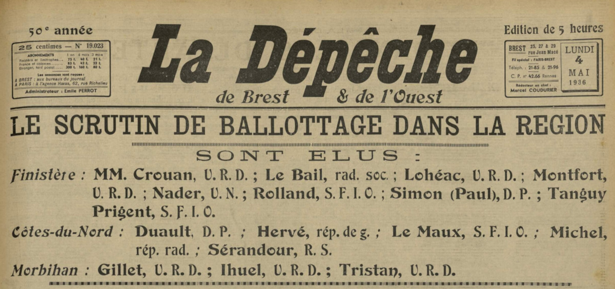 La Dépêche de Brest annonce les résultats du second tour des élections législatives de 1936.