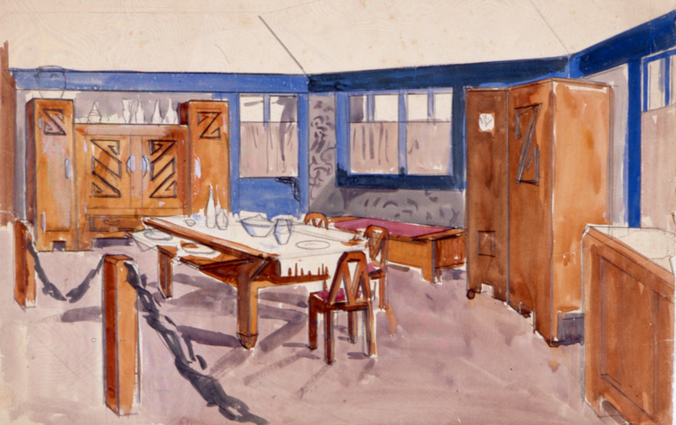 Salle de l’Osté, Ty Breiz de 1925. Restitution de la salle par Creston, telle qu’elle fut réalisée. Crédit : René-Yves Creston. Collections Musée d'art et d'histoire – ville de Saint-Brieuc. Inv. 89.7.19