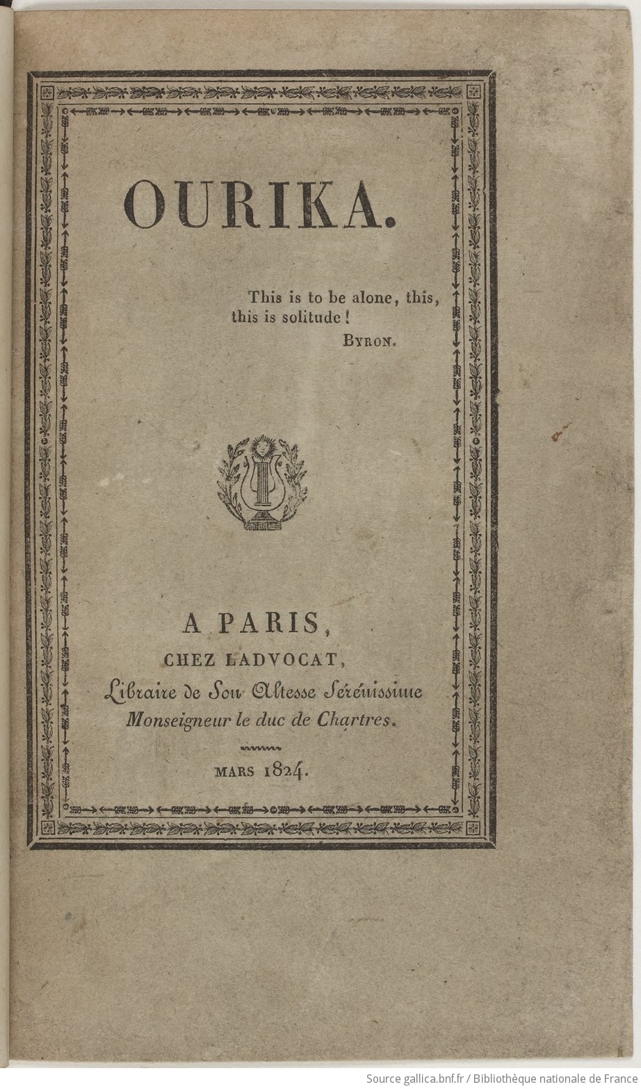 Couverture du livre ‘’Ourika’’ par Mme la Duchesse de Duras. Source : Bibliothèque nationale de France, département Réserve des livres rares, RES P-Y2-2056