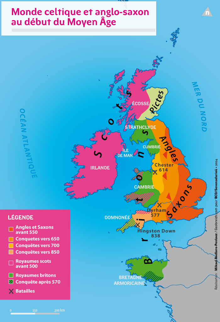 Monde celtique et anglo-saxon au début du Moyen Âge. Réalisation : Mikaêl Bodlore-Penlaz.