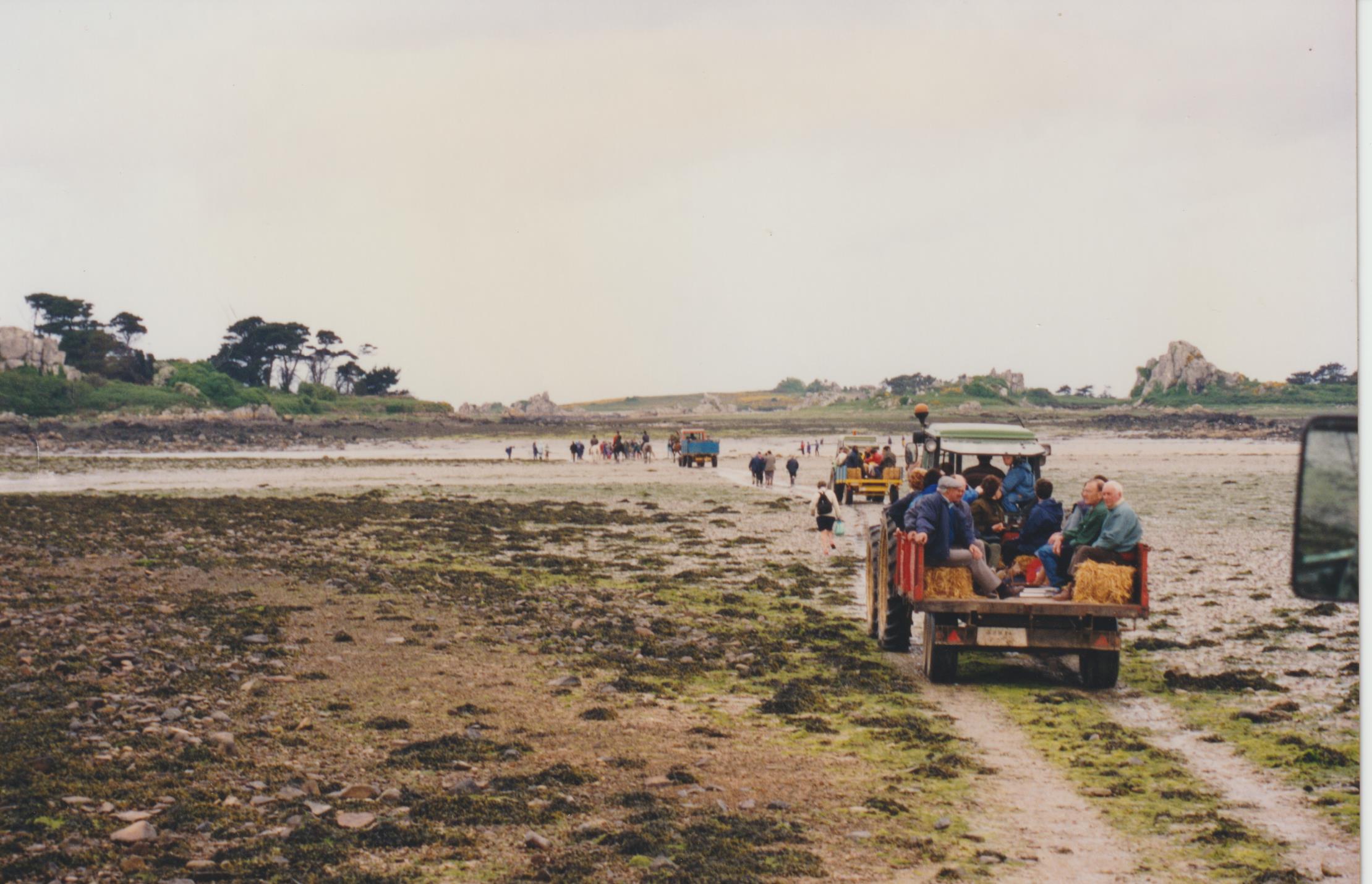 Départ de Bugueles (Penvénan) pour l'île Saint-Gildas à cheval ou en tracteur. Photo : Daniel Giraudon.