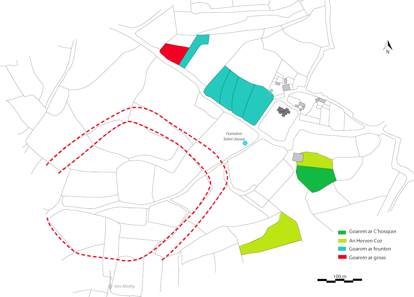 Localisation des anomalies parcellaires et des microtoponymes évocateurs, à partir du plan du cadastre du XIXe siècle. Infographie : Victorien Leman).