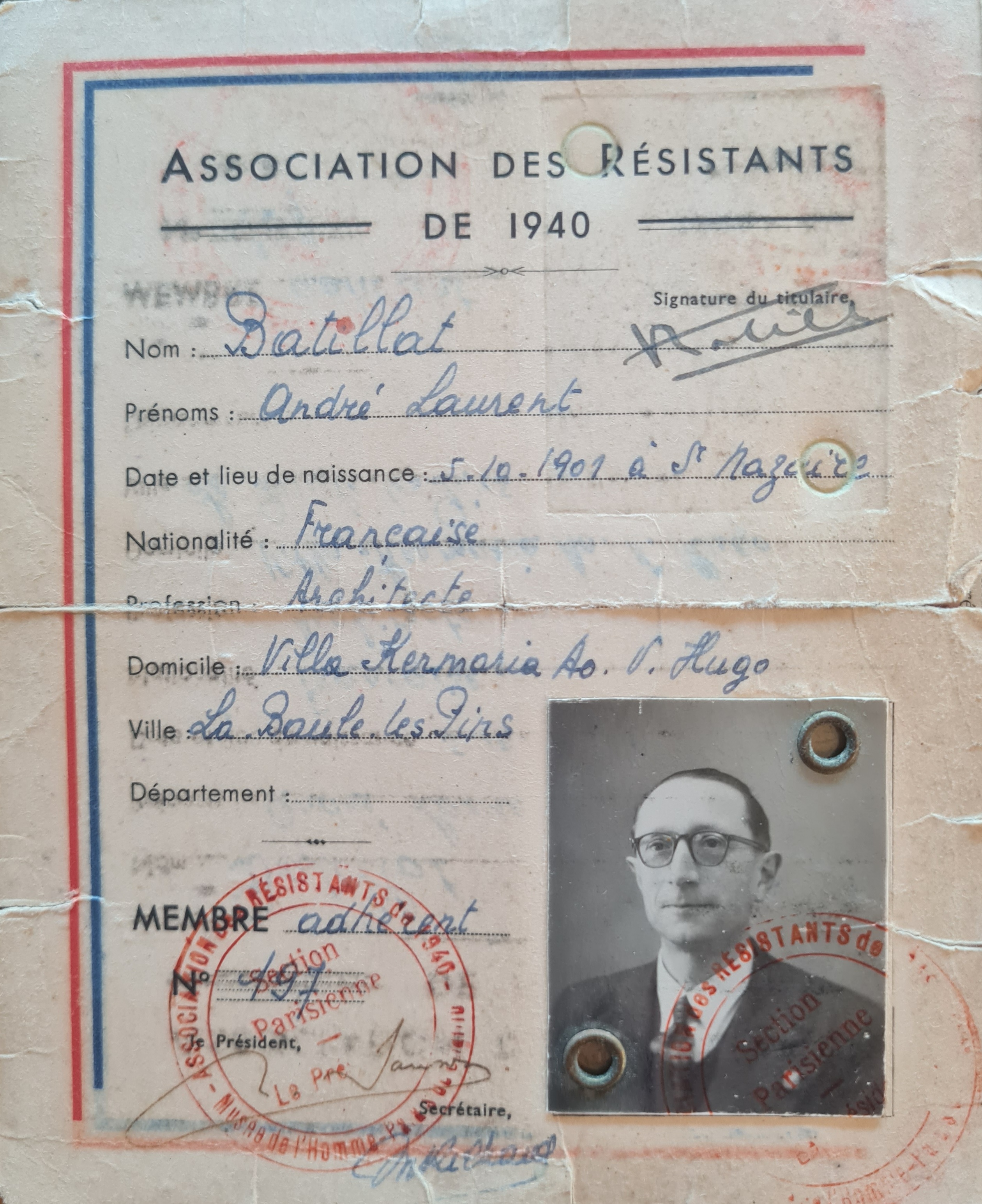 Kartenn rezistant André Batillat. 1940, rouedad mirdi mab-den. Mammenn : Dastumad Françoise Horveno.