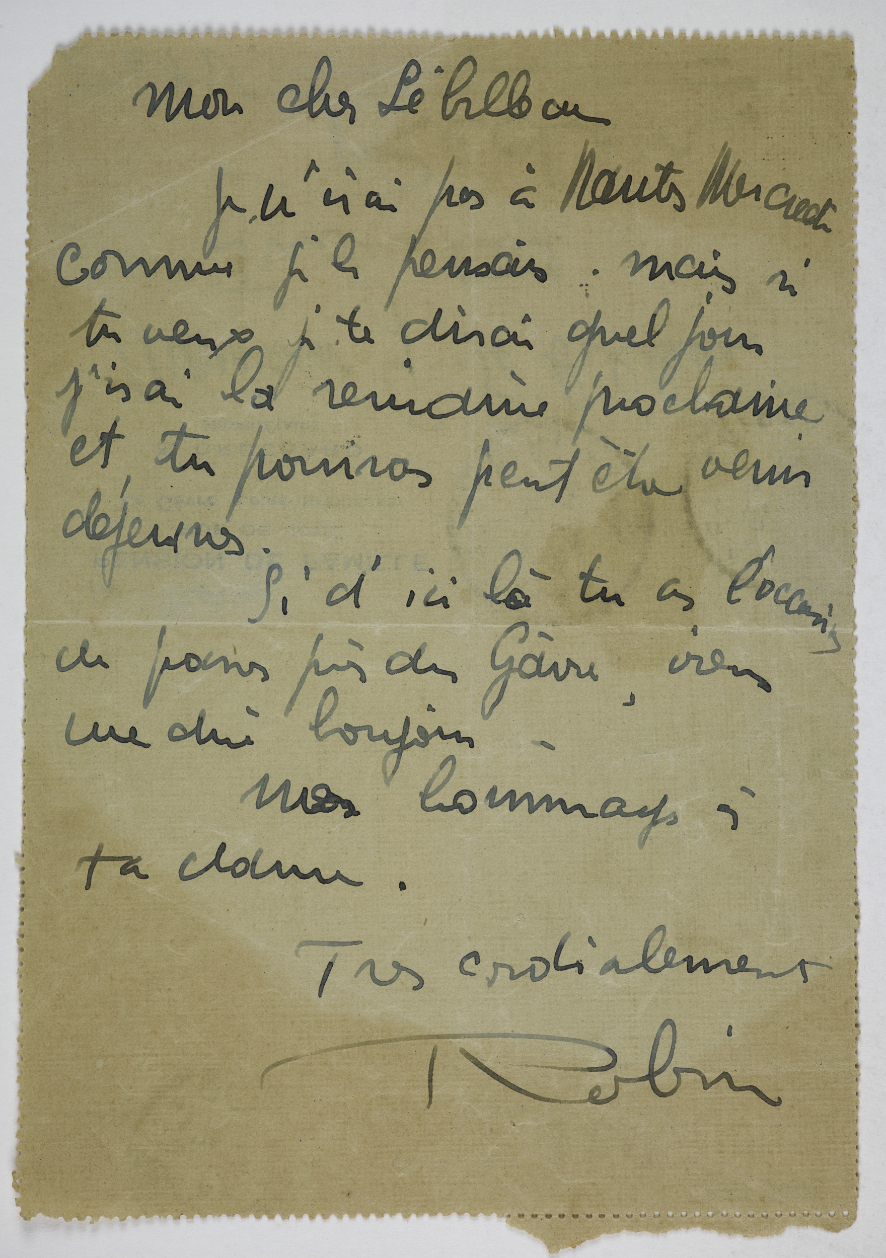 Lizher gant Jorj Robin da c'hGaston Sébilleau, ezel eus ar Seiz Breur ivez, e miz Gouere 1928. Mammenn : Dastumadoù Mirdi Breizh. Niverenn renabl : 2006.0007.67