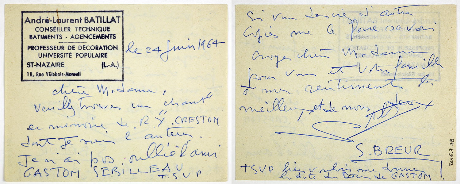 Kartenn gant André Batillat d'ar 24 a viz Mezheven 1964, lec'h ma lenner anvioù Reun Kreston, Gaston Sébilleau hag ar Seiz Breur. Mammenn : Dastumadoù Mirdi Breizh.