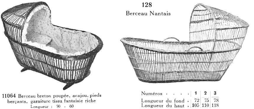 Berceau nantais, berceau breton. Catalogue : La Vannerie Française, Origny-en-Thiérache,  Aisne, 1937 (coll. part. R. Hérisset). Au début du XXe siècle, des manufactures de vannerie du nord de la France se sont réunies pour fonder la société « La Vannerie Française ». Pour les achats de vannerie bretonne, ce grossiste possède une succursale à Ancenis. Dans son catalogue, un modèle de berceau ajouré est appelé « nantais » ou « breton », Nantes étant considéré en Bretagne.