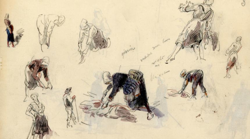 Esquisse de goémonière par Louis-Marie Faudacq, douarnier, peintre et graveur français. Il a documenté de façon unique le ramassage du goémon au Sillon de Talbert (Pleubian) à la fin du XIXe siècle. Source : Wikimedia Commons.