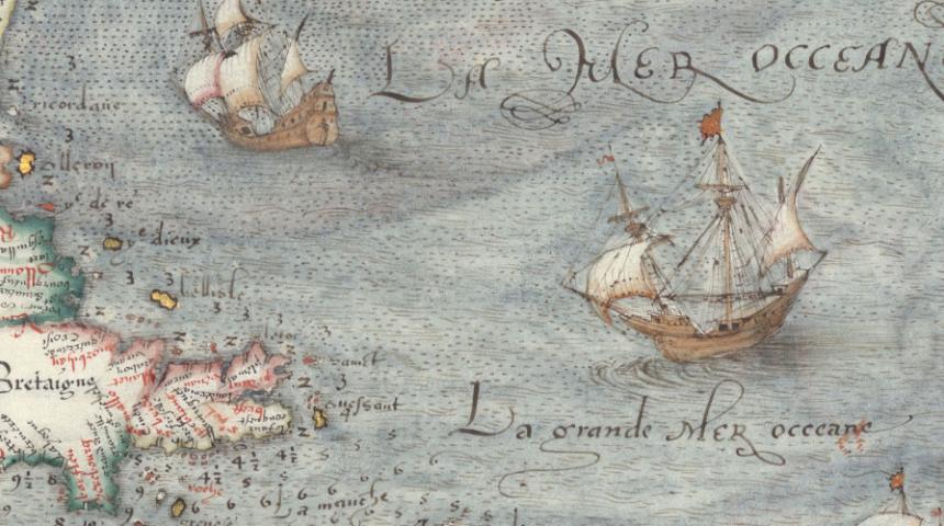 Voilier de comerce ibérique au large des côtes de la Bretagne. XVe siècle. Bibliothèque nationale de France